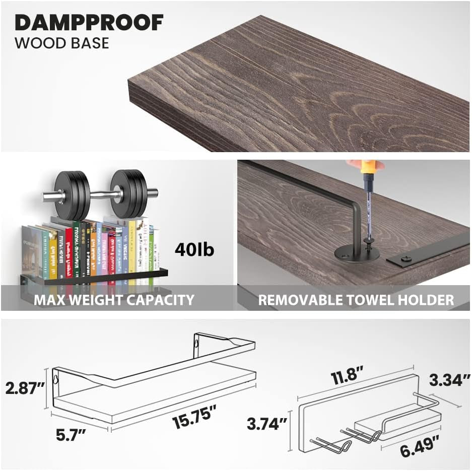 3 in 1 Rustic Floating Shelves, Decorative Storage Shelves with Towel Bar, Wall Mounted Shelves Holder for Bathroom, Kitchen & Bedroom - Set of 3 Shelves