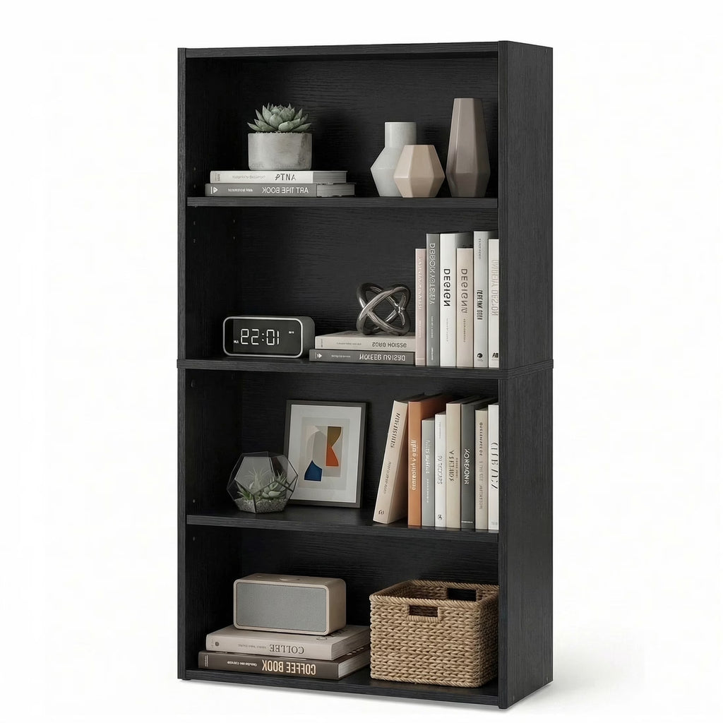 4 Shelf Bookcase, 42 Inch Tall Floor Standing Open Bookshelf for Home Office and Living Room, Black