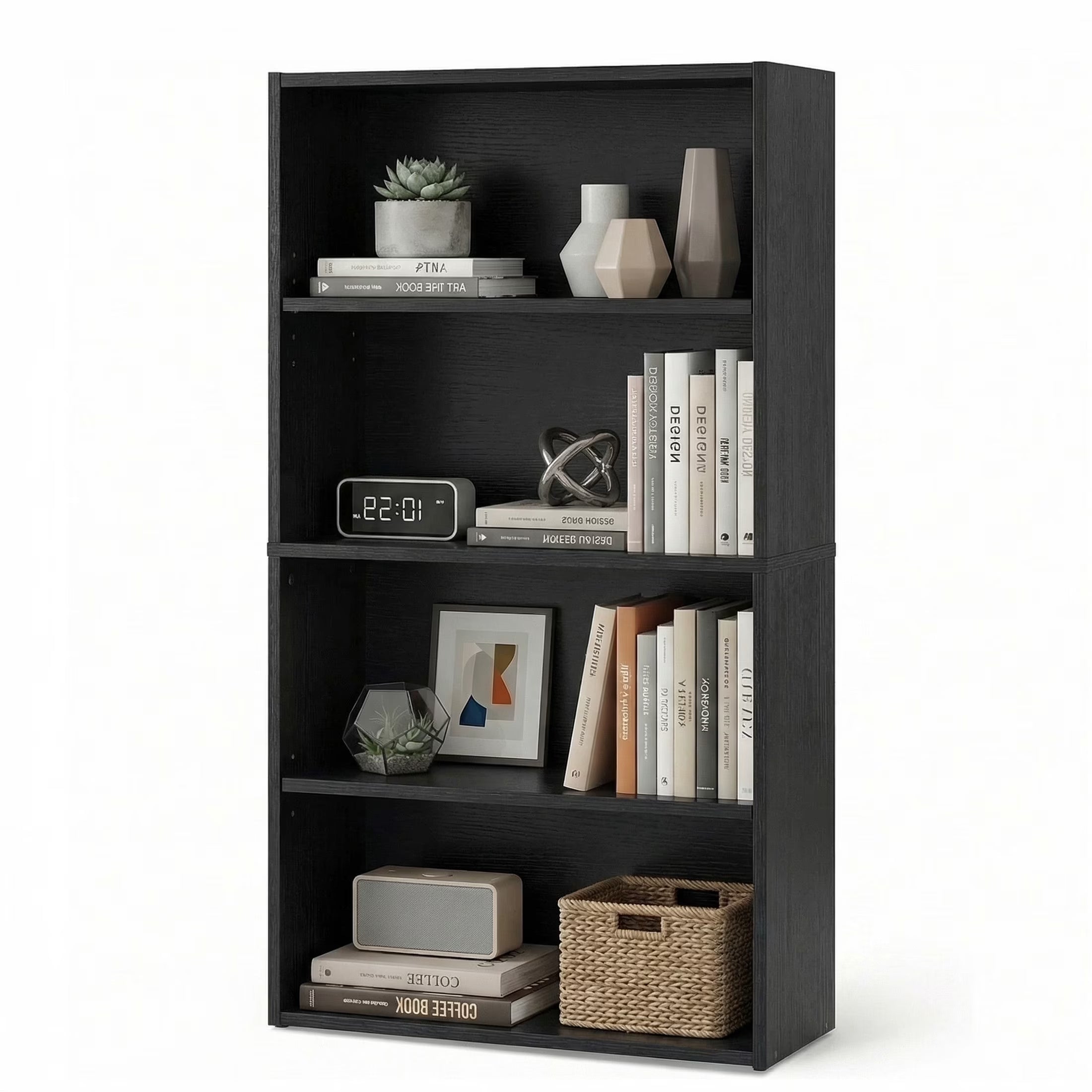 4 Shelf Bookcase, 42 Inch Tall Floor Standing Open Bookshelf for Home Office and Living Room, Black