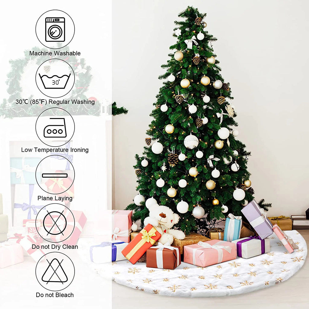 48 Inch Faux Fur White Christmas Tree Skirt for Christmas Tree Decorations Xmas Holiday Party Decorations Ornaments(Gold Snowflake)