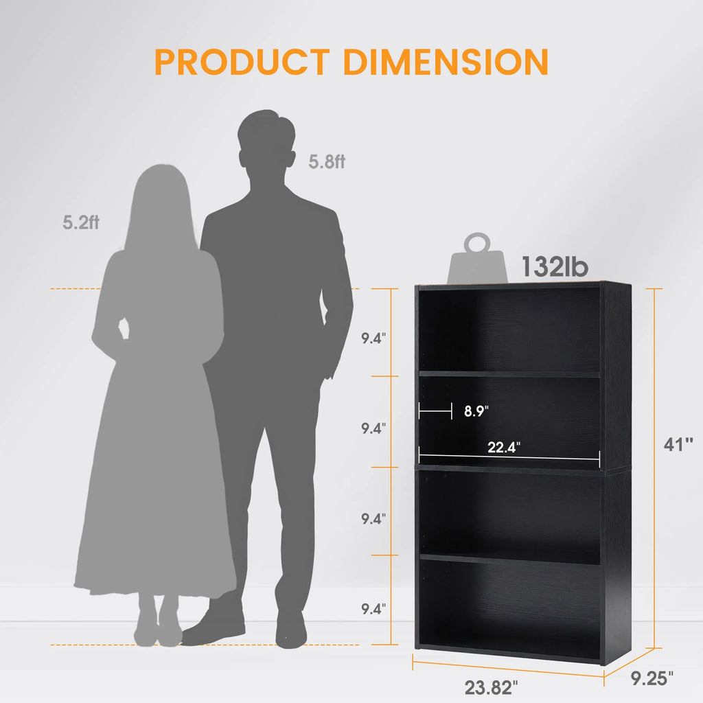 4 Shelf Bookcase, 42 Inch Tall Floor Standing Open Bookshelf for Home Office and Living Room, Black