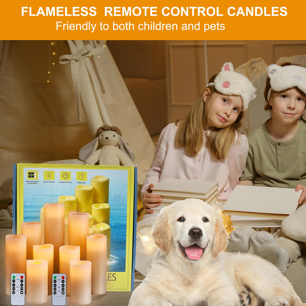 Flameless Pillar Candles with Remote,9 Pack Outdoor Large LED Fake Candles Battery Operated Electric Votive Flicker Lights,Ivory