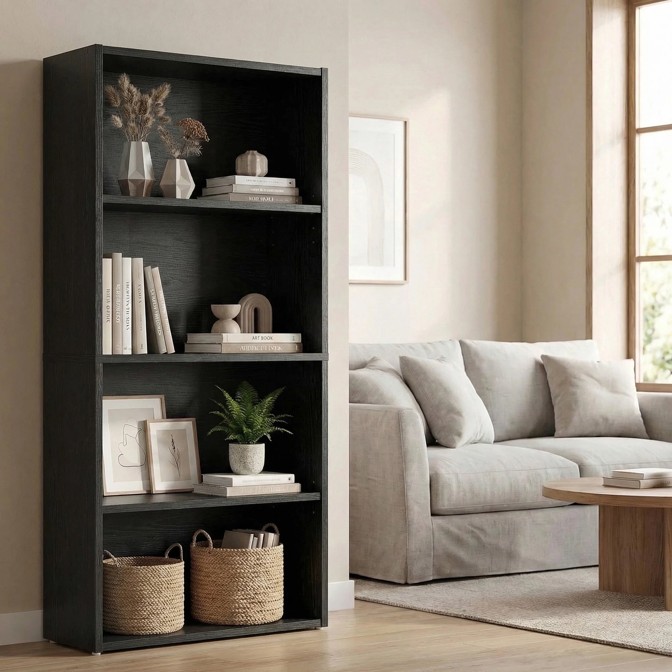 4 Shelf Bookcase, 42 Inch Tall Floor Standing Open Bookshelf for Home Office and Living Room, Black