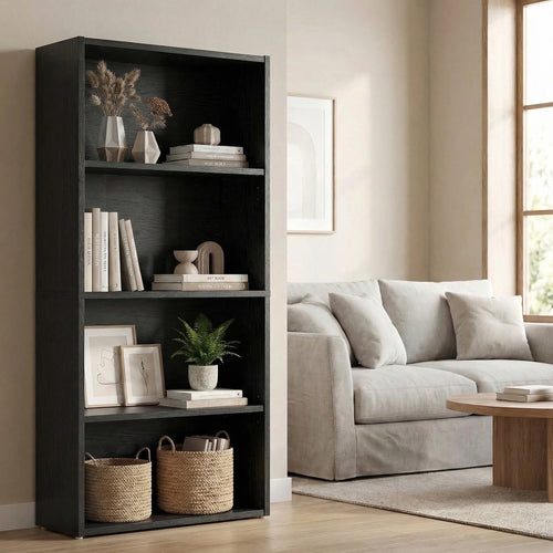 4 Shelf Bookcase, 42 Inch Tall Floor Standing Open Bookshelf for Home Office and Living Room, Black