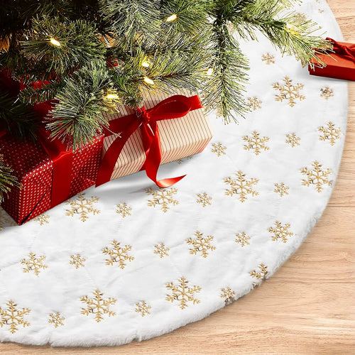 48 Inch Faux Fur White Christmas Tree Skirt for Christmas Tree Decorations Xmas Holiday Party Decorations Ornaments(Gold Snowflake)