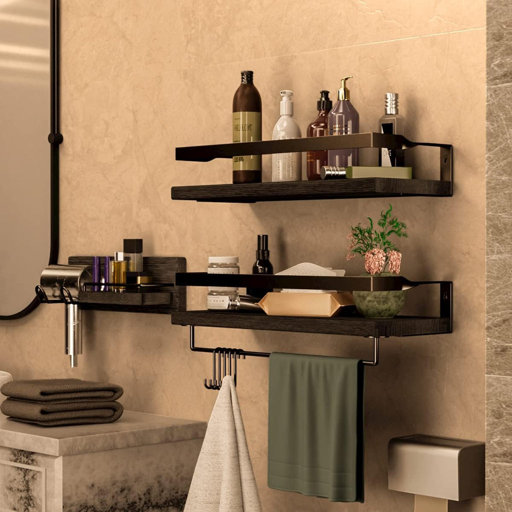3 in 1 Rustic Floating Shelves, Decorative Storage Shelves with Towel Bar, Wall Mounted Shelves Holder for Bathroom, Kitchen & Bedroom - Set of 3 Shelves