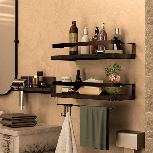3 in 1 Rustic Floating Shelves, Decorative Storage Shelves with Towel Bar, Wall Mounted Shelves Holder for Bathroom, Kitchen & Bedroom - Set of 3 Shelves