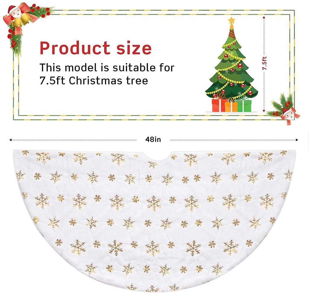 48 Inch Faux Fur White Christmas Tree Skirt for Christmas Tree Decorations Xmas Holiday Party Decorations Ornaments(Gold Snowflake)