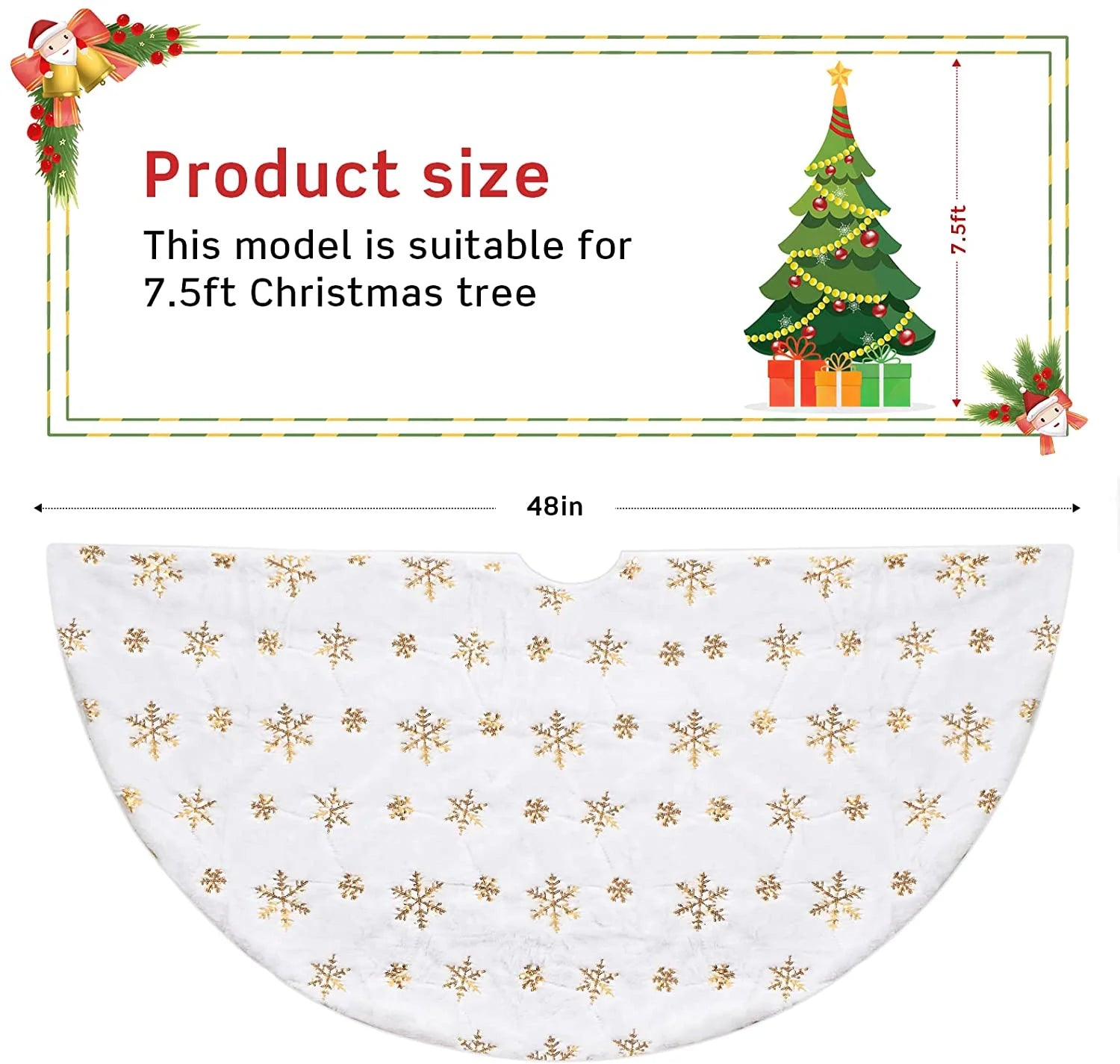48 Inch Faux Fur White Christmas Tree Skirt for Christmas Tree Decorations Xmas Holiday Party Decorations Ornaments(Gold Snowflake)