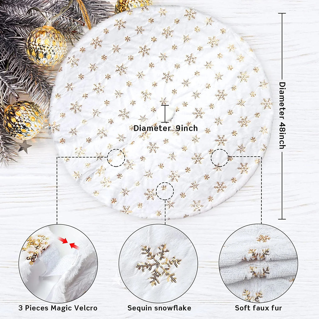 48 Inch Faux Fur White Christmas Tree Skirt for Christmas Tree Decorations Xmas Holiday Party Decorations Ornaments(Gold Snowflake)