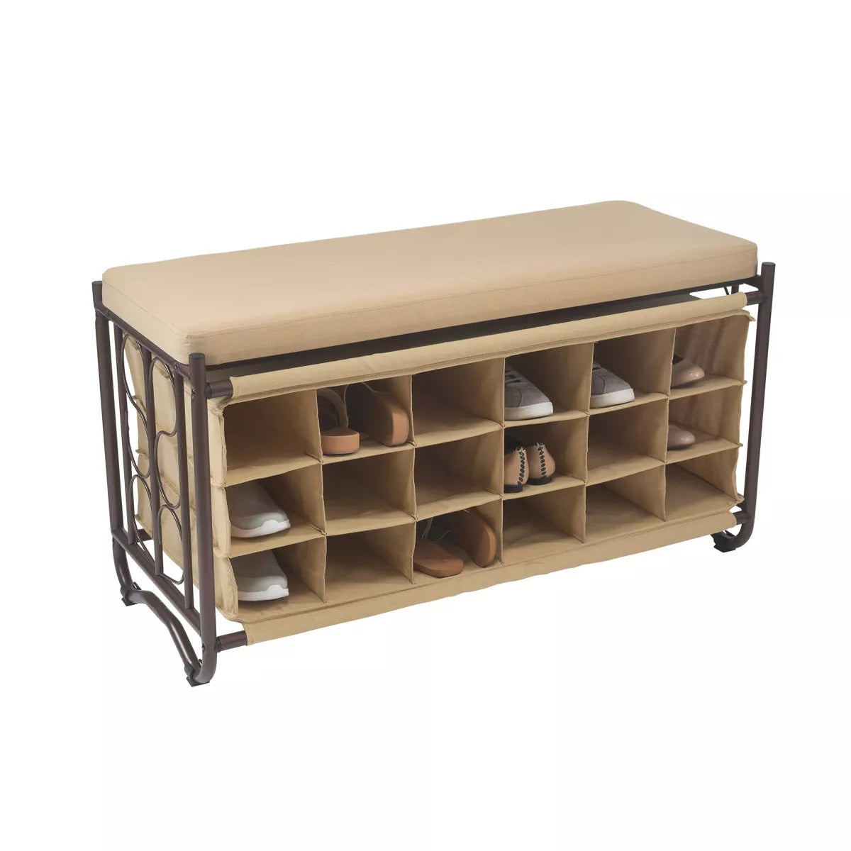 Organize It All Shoe Rack with Bench: Metal Frame, Holds 18 Pairs, Entryway Shoe Storage, Beige & Black, 39.75" Width