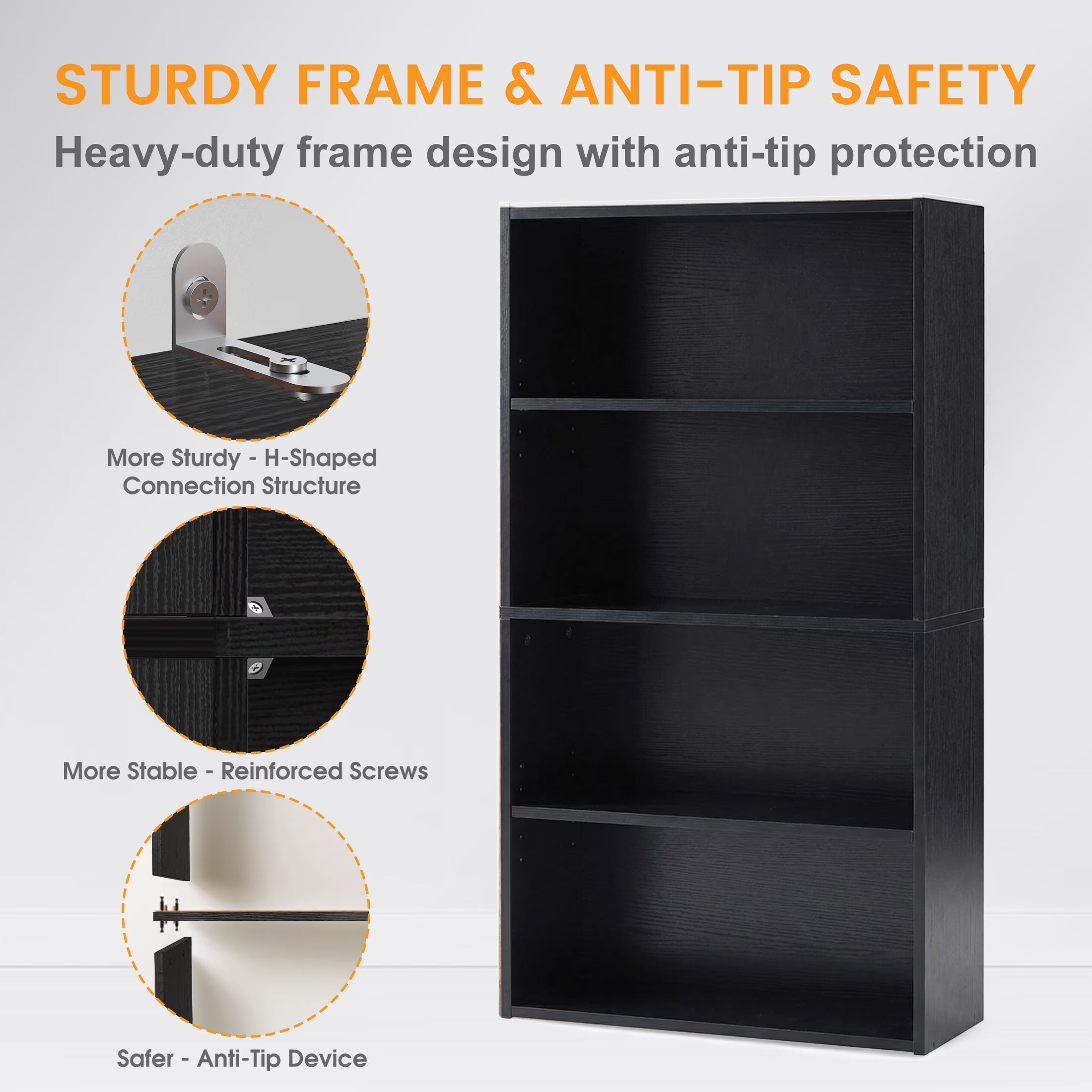 4 Shelf Bookcase, 42 Inch Tall Floor Standing Open Bookshelf for Home Office and Living Room, Black