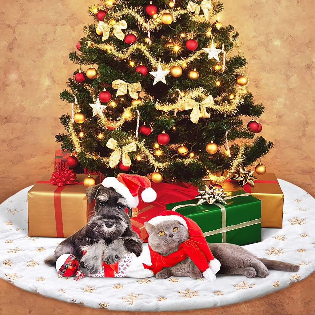 48 Inch Faux Fur White Christmas Tree Skirt for Christmas Tree Decorations Xmas Holiday Party Decorations Ornaments(Gold Snowflake)