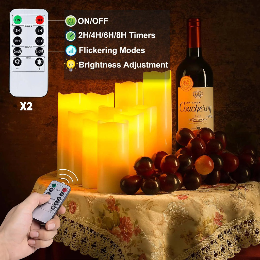 Flameless Pillar Candles with Remote,9 Pack Outdoor Large LED Fake Candles Battery Operated Electric Votive Flicker Lights,Ivory