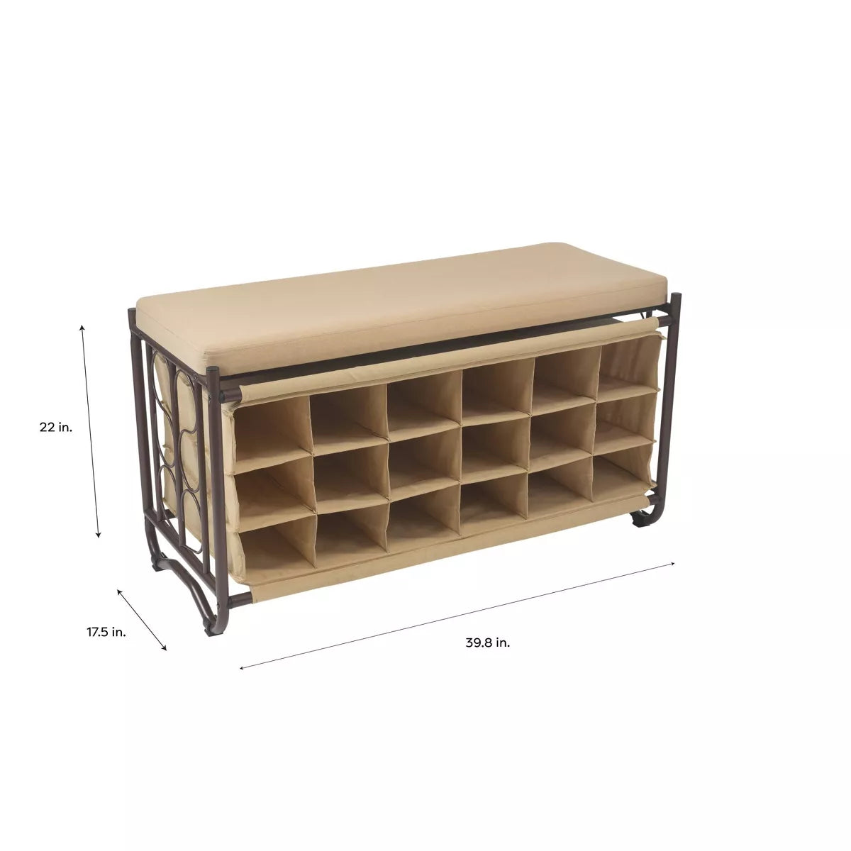 Organize It All Shoe Rack with Bench: Metal Frame, Holds 18 Pairs, Entryway Shoe Storage, Beige & Black, 39.75" Width