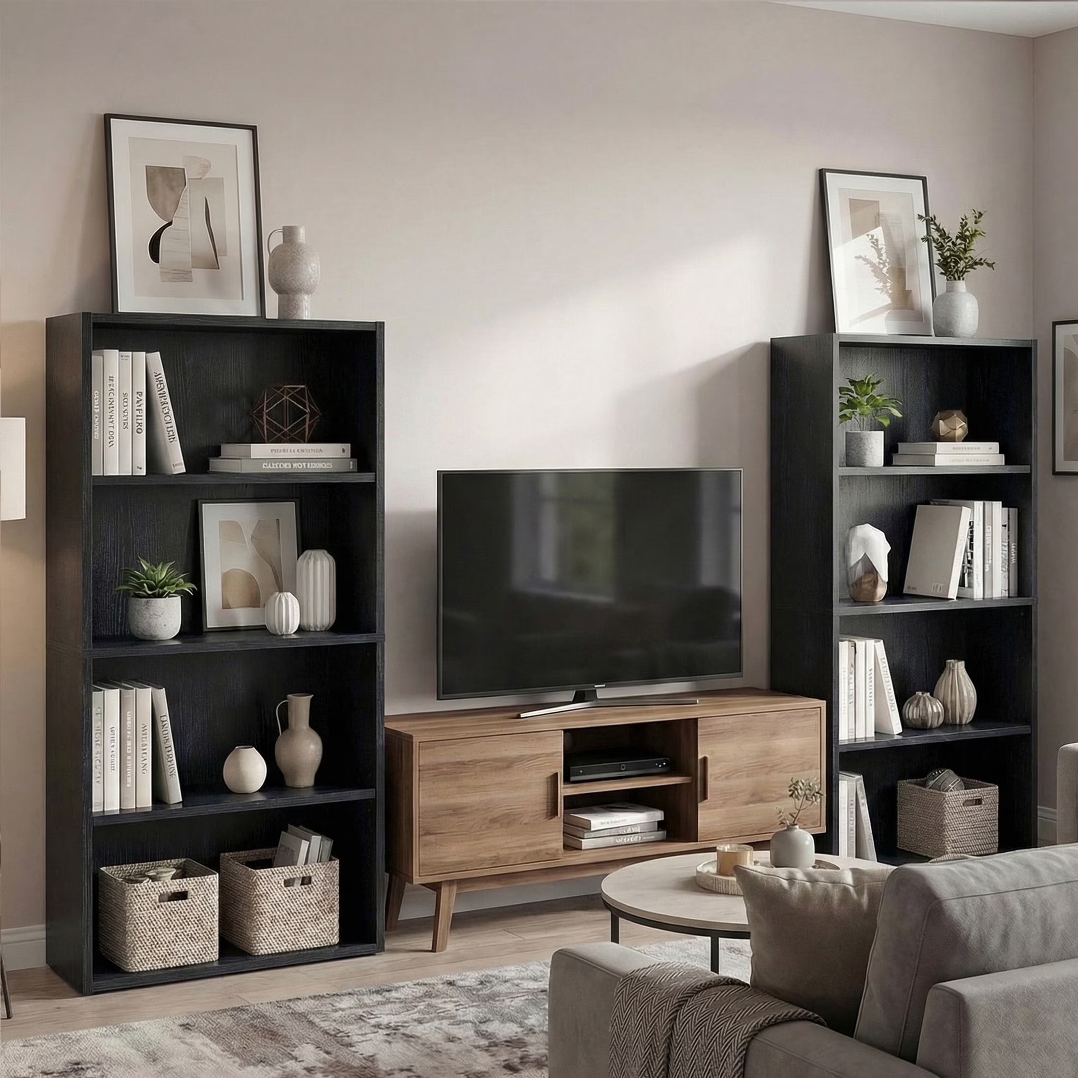 4 Shelf Bookcase, 42 Inch Tall Floor Standing Open Bookshelf for Home Office and Living Room, Black