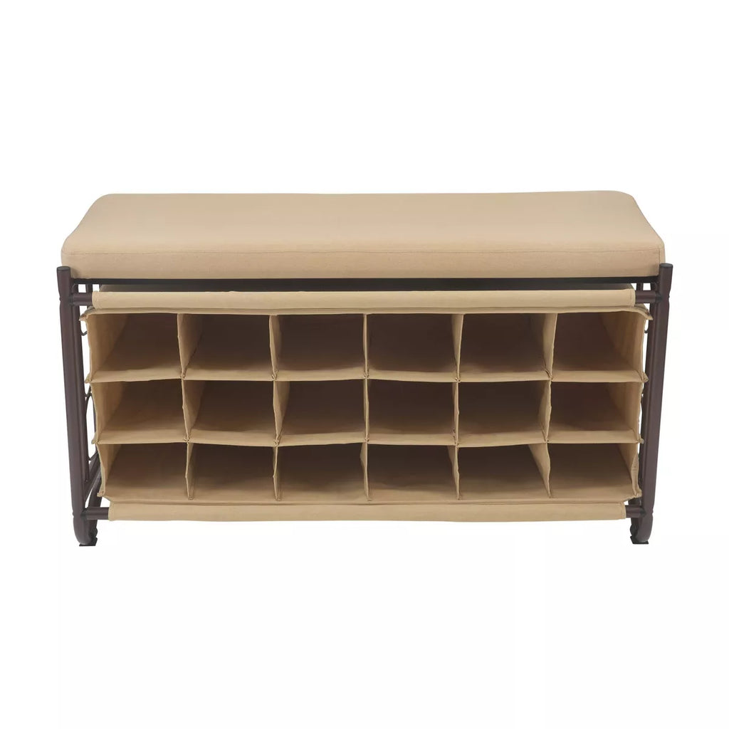 Organize It All Shoe Rack with Bench: Metal Frame, Holds 18 Pairs, Entryway Shoe Storage, Beige & Black, 39.75" Width