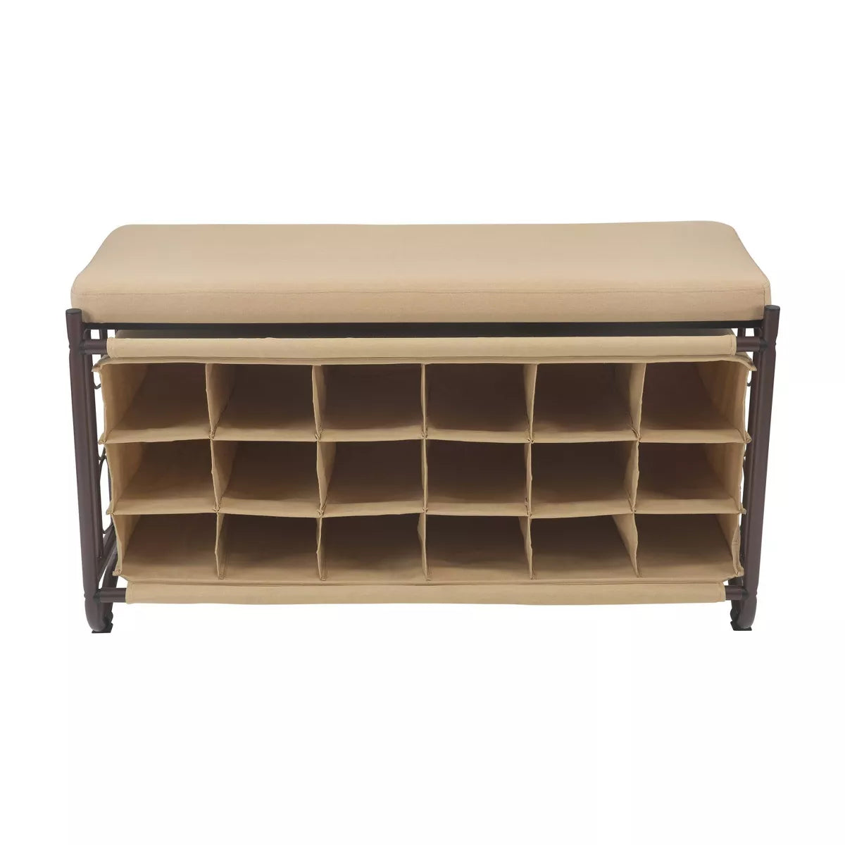 Organize It All Shoe Rack with Bench: Metal Frame, Holds 18 Pairs, Entryway Shoe Storage, Beige & Black, 39.75" Width