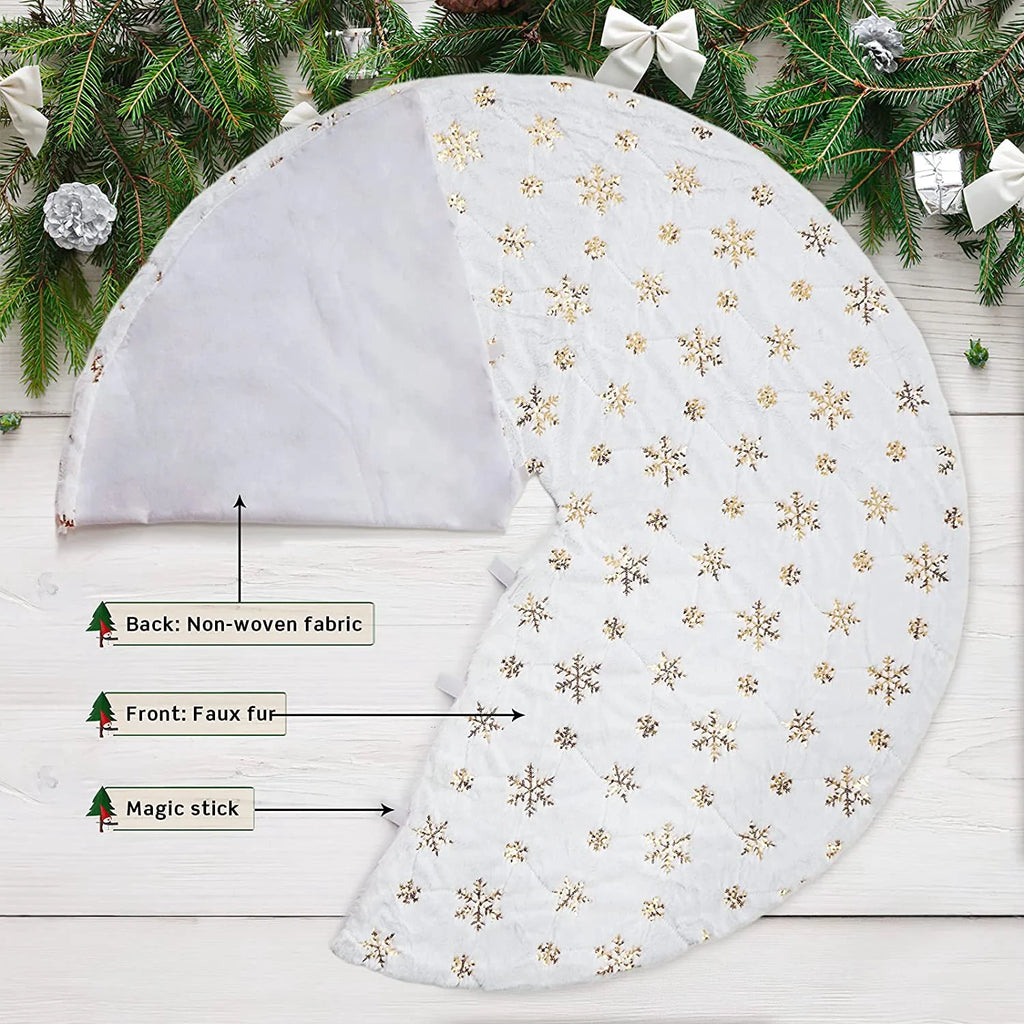 48 Inch Faux Fur White Christmas Tree Skirt for Christmas Tree Decorations Xmas Holiday Party Decorations Ornaments(Gold Snowflake)