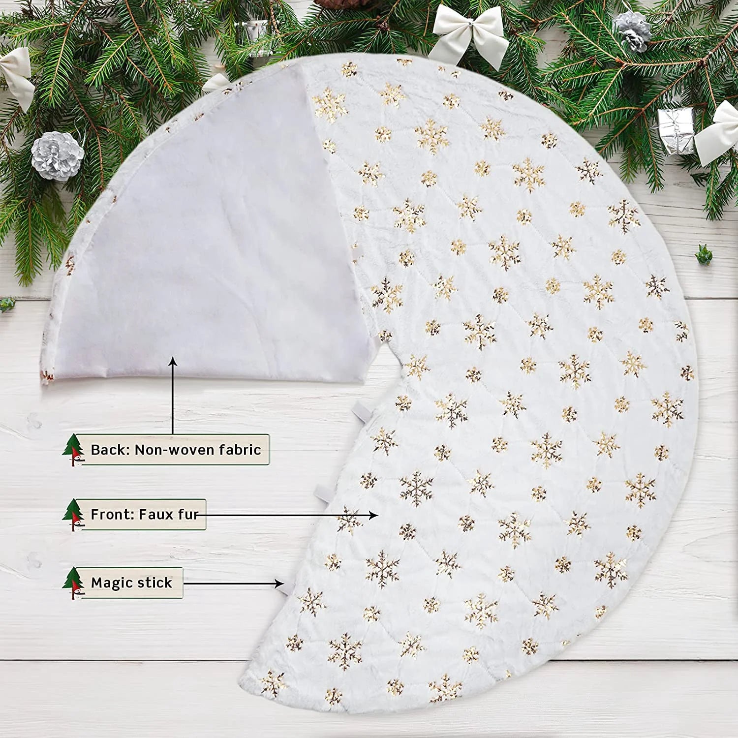 48 Inch Faux Fur White Christmas Tree Skirt for Christmas Tree Decorations Xmas Holiday Party Decorations Ornaments(Gold Snowflake)
